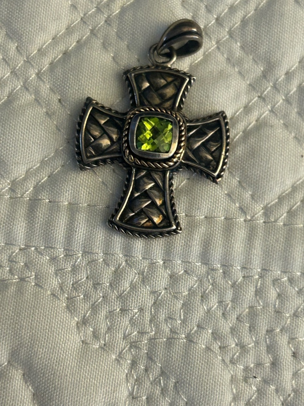 Silver Cross Pendant with Square Peridot-Green Stone